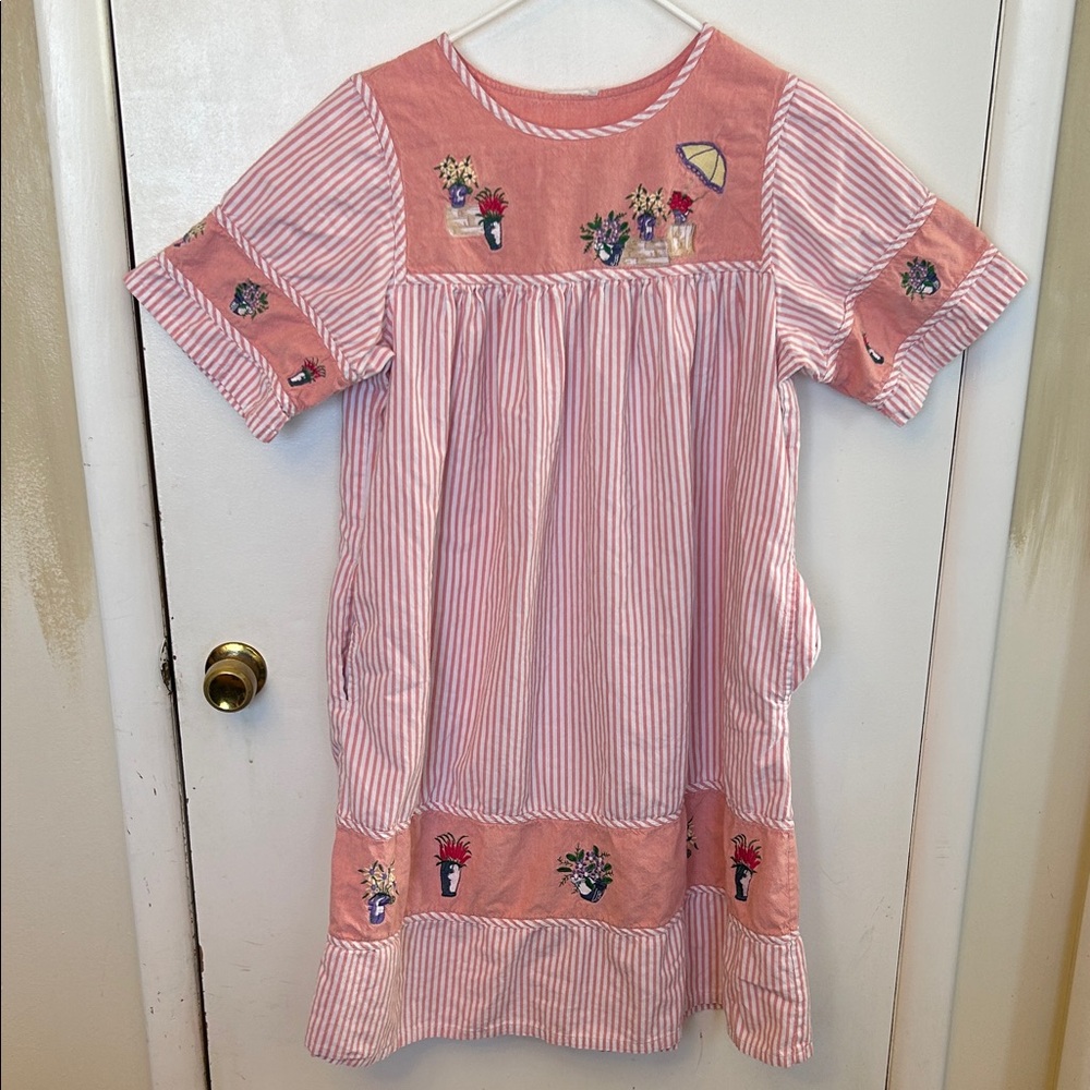 Pink Striped Dress with Floral Embroidery Vintage - Picture 1 of 4